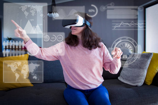 istock Curious young woman using virtual statistics at home office 1223162622