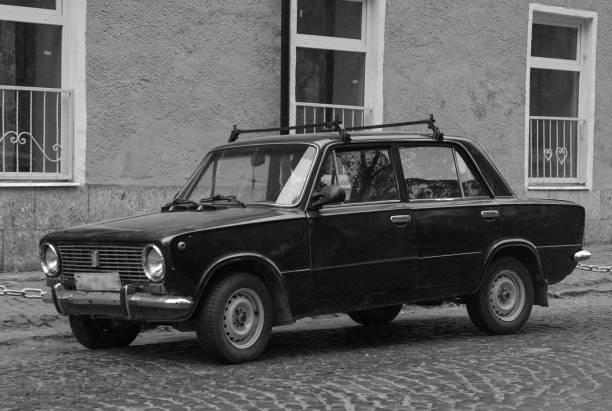 istock Black and white old vintage car in former Soviet 1223163187