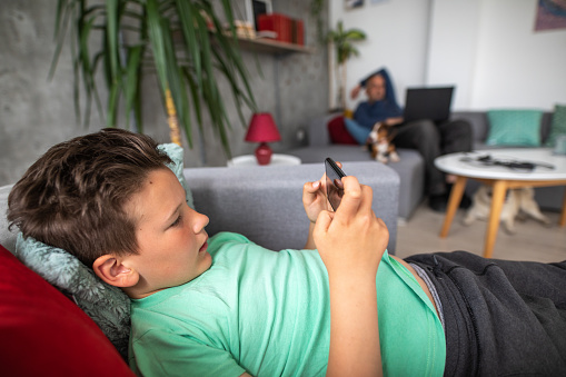 Son playing video games using smartphone while his father relaxing on sofa and surfing the net using laptop at home during coronavirus pandemic