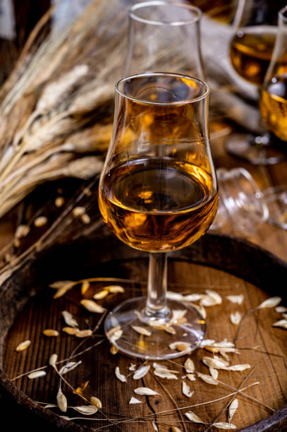 het proeven van glazen met oude schotse whisky of bourbon op oude donkere houten uitstekende lijst met gerstkorrels - spey scotland stockfoto's en -beelden