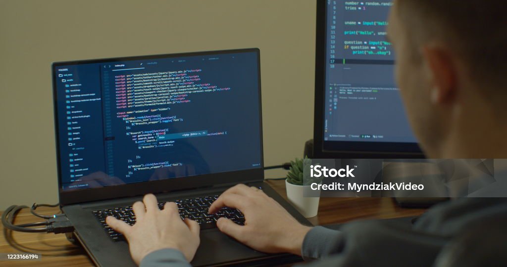 Closeup Coding On Screen Man Hands Coding Html And Programming On ...