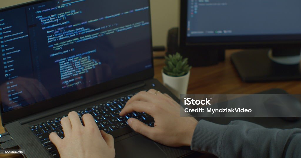 Closeup Coding On Screen Man Hands Coding Html And Programming On ...