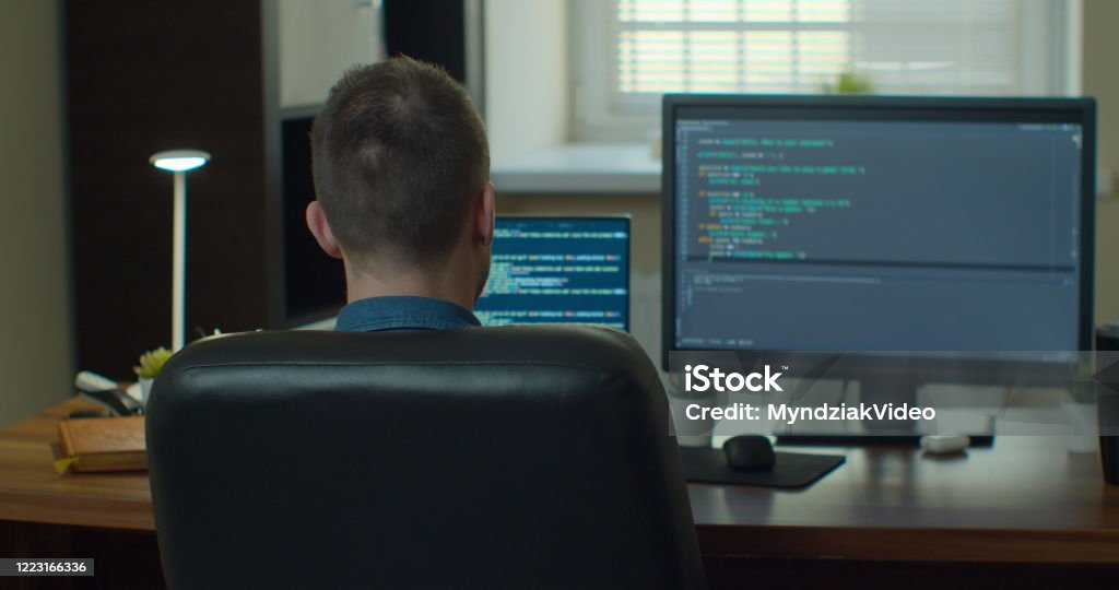 Man Coding Html And Programming On Two Screen Monitors Development Web ...