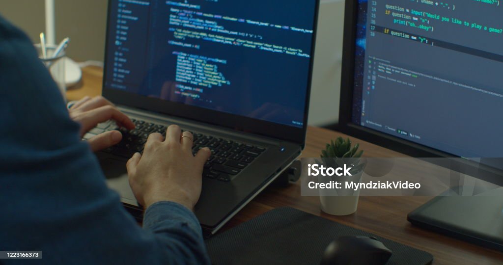 Coding 2 Screen Closeup Coding On Screen Man Hands Coding Html And Programming On Two ...