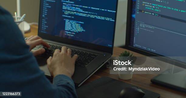 Closeup Coding On Screen Man Hands Coding Html And Programming On Two ...