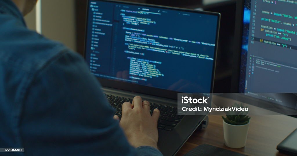 Coding 2 Screen Closeup Coding On Screen Man Hands Coding Html And Programming On Two ...