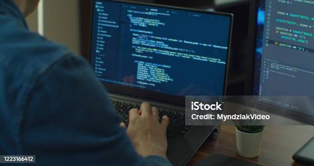 Coding Vs Screen Shot Closeup Coding On Screen Man Hands Coding Html And Programming On Two ...