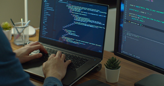 Coding 2 Screen Closeup Coding On Screen Man Hands Coding Html And Programming On Two ...