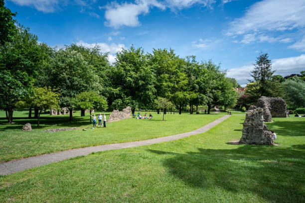 Abbey gardens in Bury St Edmunds, Bury St Edmunds, England - May 31 2019: Abbey garden Ruins in Bury St Edmunds, one of Suffolk"u2019s most important historical sites. bury st edmunds photos stock pictures, royalty-free photos & images