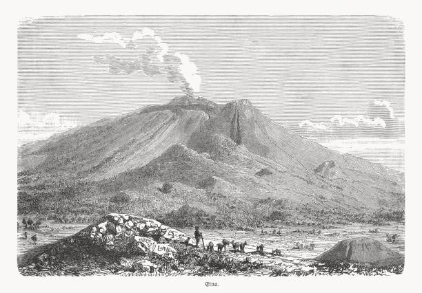 ätna, stratovulkan auf sizilien, italien, holzstich, veröffentlicht 1893 - engraving rural scene engraved image men stock-grafiken, -clipart, -cartoons und -symbole