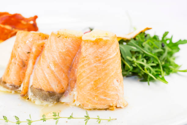 istock Baked rolls with salmon fillet then on a white plate 1223169189