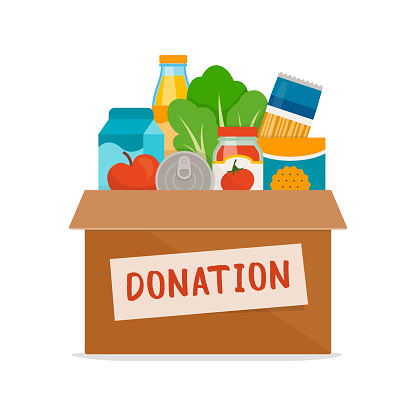 Grocery food in a donation box on white background, food drive and volunteering concept