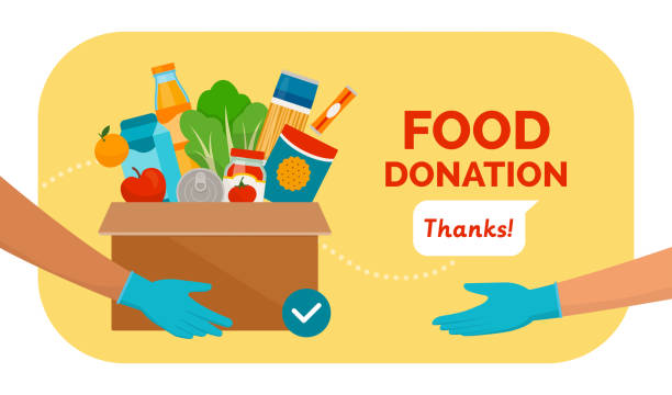 Food and grocery donation Volunteer holding a donation box with food using protective gloves, charity and solidarity during covid-19 pandemic concept donation box stock illustrations