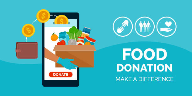 Food and meal donation app Food and meal donation app on a smartphone, volunteering and charity concept food bank vector stock illustrations