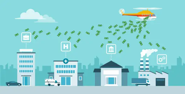 Vector illustration of Helicopter money policy as response to covid-19 public health crisis