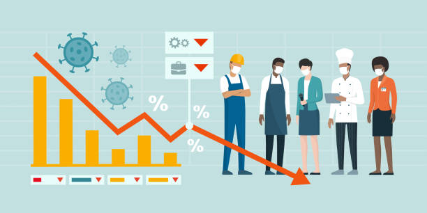 Impact on jobs of coronavirus covid-19 Impact on jobs of coronavirus covid-19: financial crisis and unemployment, workers standing next to a financial chart showing economic recession lockdown business stock illustrations