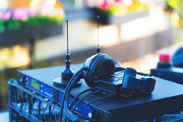 Professional recording and headphone. Broadcasting TV equipment Italy, Home Video Camera, Filming, Movie, Film Industry movie sound clips stock pictures, royalty-free photos & images