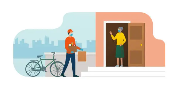 Vector illustration of Volunteer delivering food at home to a senior woman during coronavirus epidemic