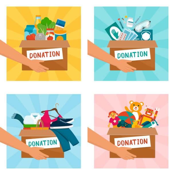 ilustrações, clipart, desenhos animados e ícones de voluntários segurando caixas de doação - charity and relief work illustrations