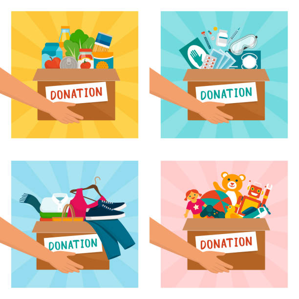 Volunteer holding donation boxes Volunteer holding donation boxes with food, medical equipment, clothing and toys benevolence stock illustrations