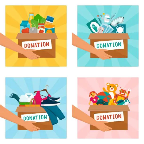 Vector illustration of Volunteer holding donation boxes