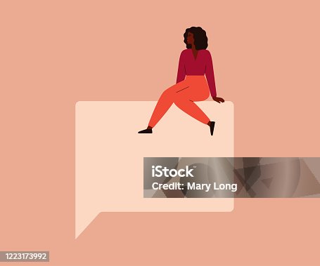 istock Young black woman sits on a big speech square bubble. 1223173992