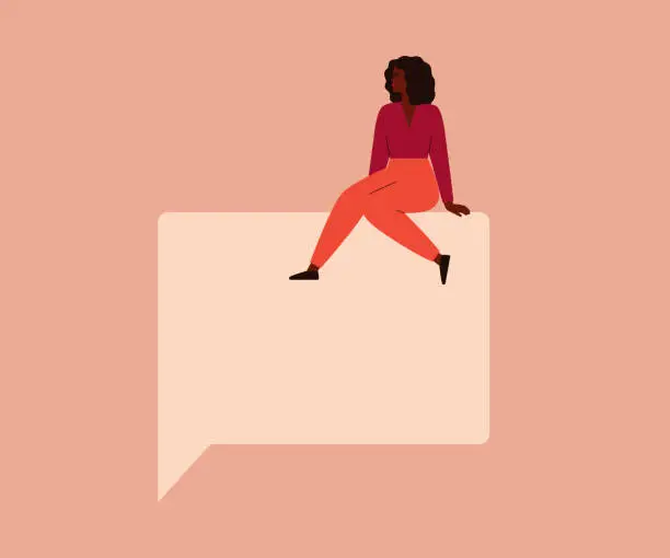 Vector illustration of Young black woman sits on a big speech square bubble.