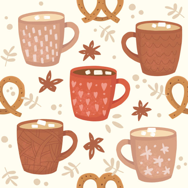 ilustrações, clipart, desenhos animados e ícones de xícaras de cacau e padrão de caf�é - hot chocolate