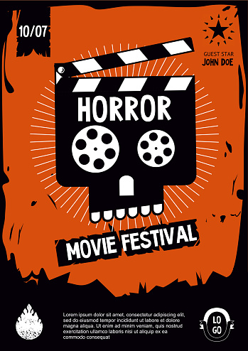 Horror movie festival. Cinema vintage poster with skull. Banner design template. Vector cartoon illustration.