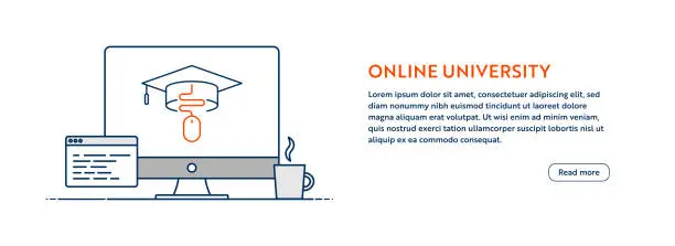 Vector illustration of Online University Concept with Line Computer Illustration with Editable Stroke.