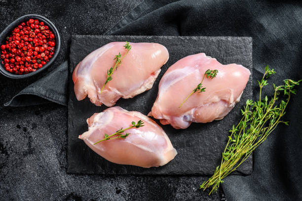 istock Raw boneless chicken thighs fillet. Black background. Top view 1223176915