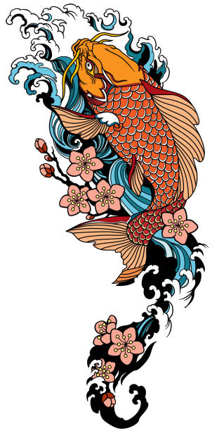 koi carp with sakura. Tattoo koi carp swimming upstream and sakura blooming. Japanese gold fish with water waves and cherry tree flowers blossom. Tattoo . Vector illustration upstream stock illustrations