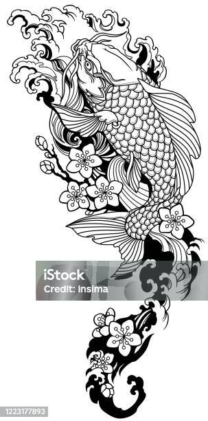 Koi Fish And Sakura Black And White Tattoo Stock Illustration - Download Image Now - Tattoo, Koi Carp, Japan