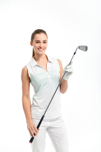 istock Pretty woman golfer on white background in studio 1223178103