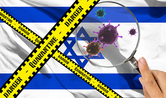 QUARANTINE ! ,Yellow warning tape In Front Of ISRAEL FLAG.