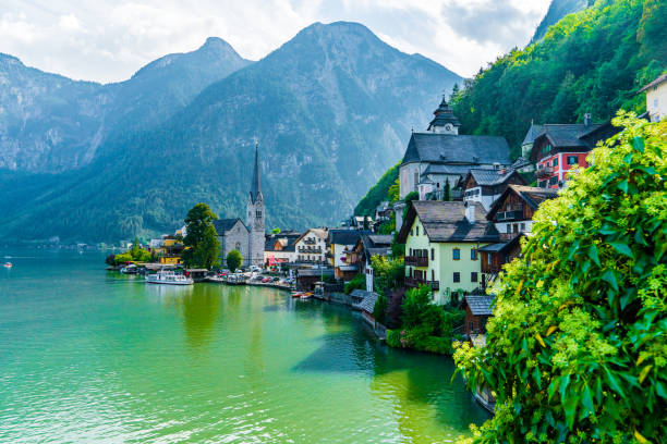istock Hallstatt, Austria - famous old town by lake, surrounded by mountains. 1223178854