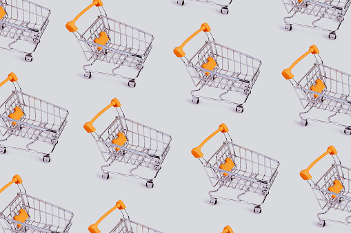 Pattern of shopping cart. Grocery shopping and sale concept. Black friday, online shopping and store concept. Sale discount. Business background with copyspace. Creative design. Stock photography.