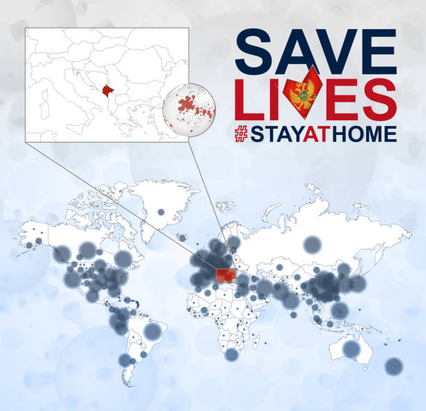 istock World Map with cases of Coronavirus focus on Montenegro, COVID-19 disease in Montenegro. Slogan Save Lives with flag of Montenegro. 1223182342