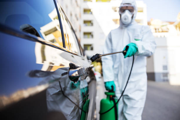worker in sterile uniform and mask standing outdoors and sterilizing car from corona virus / covid-19. selective focus on sprayer. - illness mask pollution car imagens e fotografias de stock
