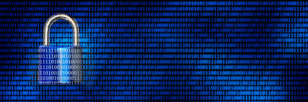Photo of closed padlock on blue digital matrix as symbol for data integrity