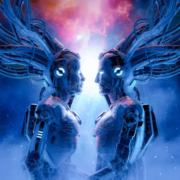 3D illustration of science fiction male and female robot couple in outer space