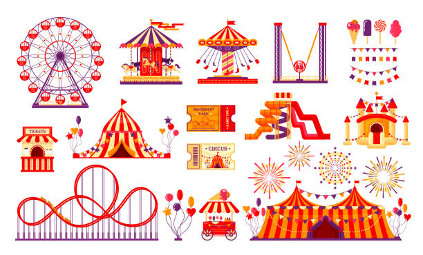 zirkus-karnevalselemente isoliert auf weißem hintergrund gesetzt. vergnügungspark-sammlung mit spaßmesse, karussell, riesenrad, zelt, achterbahn, baloons, tickets. vektor-illustration - spielplatzkarussell stock-grafiken, -clipart, -cartoons und -symbole