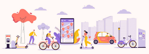 Vector character illustration of man, woman using rental service Vector character illustration of urban infrastructure and modern lifestyle. Man, woman using rental service: skateboard, kick scooter, bicycle, electric car. Mobile app for search, rent eco transport transportation stock illustrations