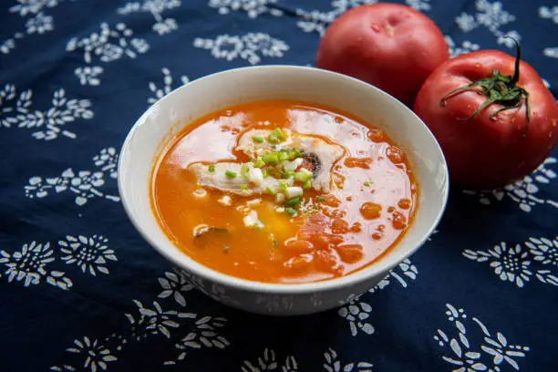 Tomato black fish fillet soup