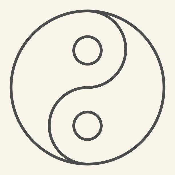 ilustraciones, imágenes clip art, dibujos animados e iconos de stock de icono de línea delgada yin yang. símbolo de armonía y equilibrio, pictograma de estilo de contorno sobre fondo beige. firma de filosofía budista yin-yang para el concepto móvil y el diseño web. gráficos vectoriales. - yin yang symbol illustrations