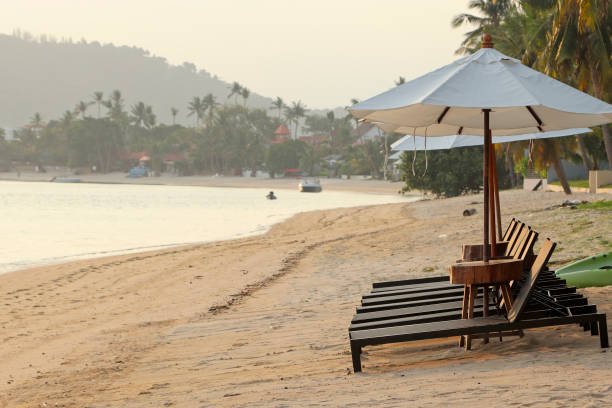 istock Empty beach chairs at a hotel in Thailand. 1223192003