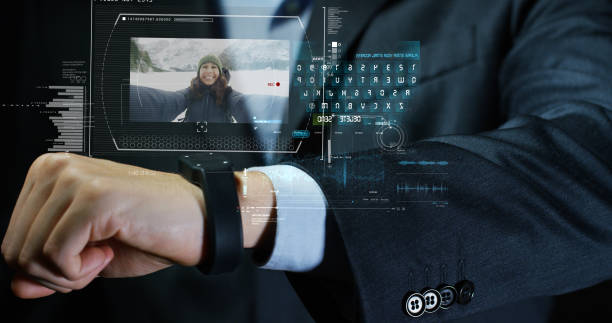 istock Man elegant suit uses new high technology with holography and augmented reality 1223193258