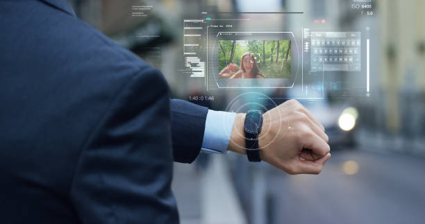 istock Man elegant suit uses new high technology with holography and augmented reality 1223193323