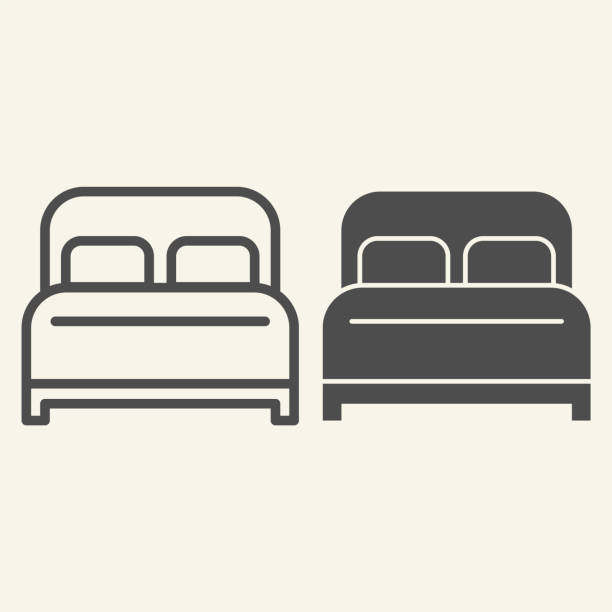 ilustraciones, imágenes clip art, dibujos animados e iconos de stock de línea de cama doble e icono sólido. símbolo del dormitorio del hotel, pictograma de estilo de contorno sobre fondo beige. dormir y relajar se firmen muebles para el concepto móvil y el diseño web. gráficos vectoriales. - señal de igual