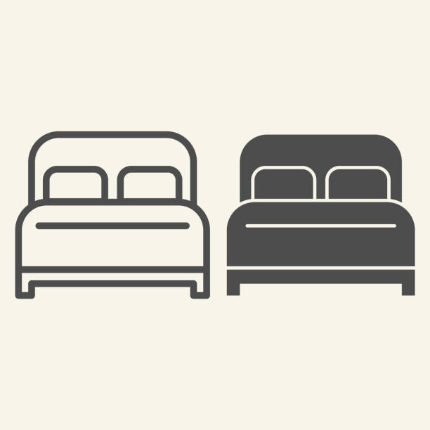 çift kişilik yatak çizgisi ve sağlam ikon. otel yatak odası sembolü, bej arka plan üzerinde anahat tarzı pictogram. mobil konsept ve web tasarımı için mobilya tabelasını uyuyun ve rahatlayın. vektör grafikleri. - bed stock illustrations